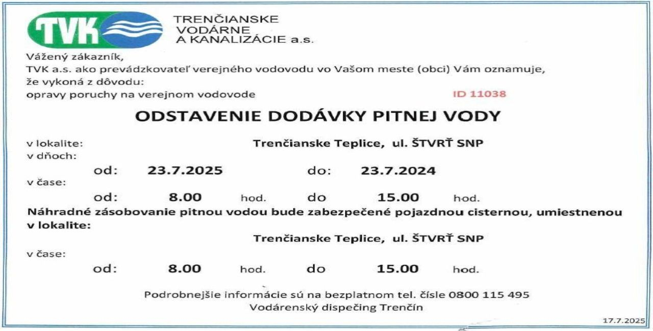 Odstavenie dodávky pitnej vody 23.07.2025 od 8 do 15 hod, Štvrť SNP, Trenčianske Teplice